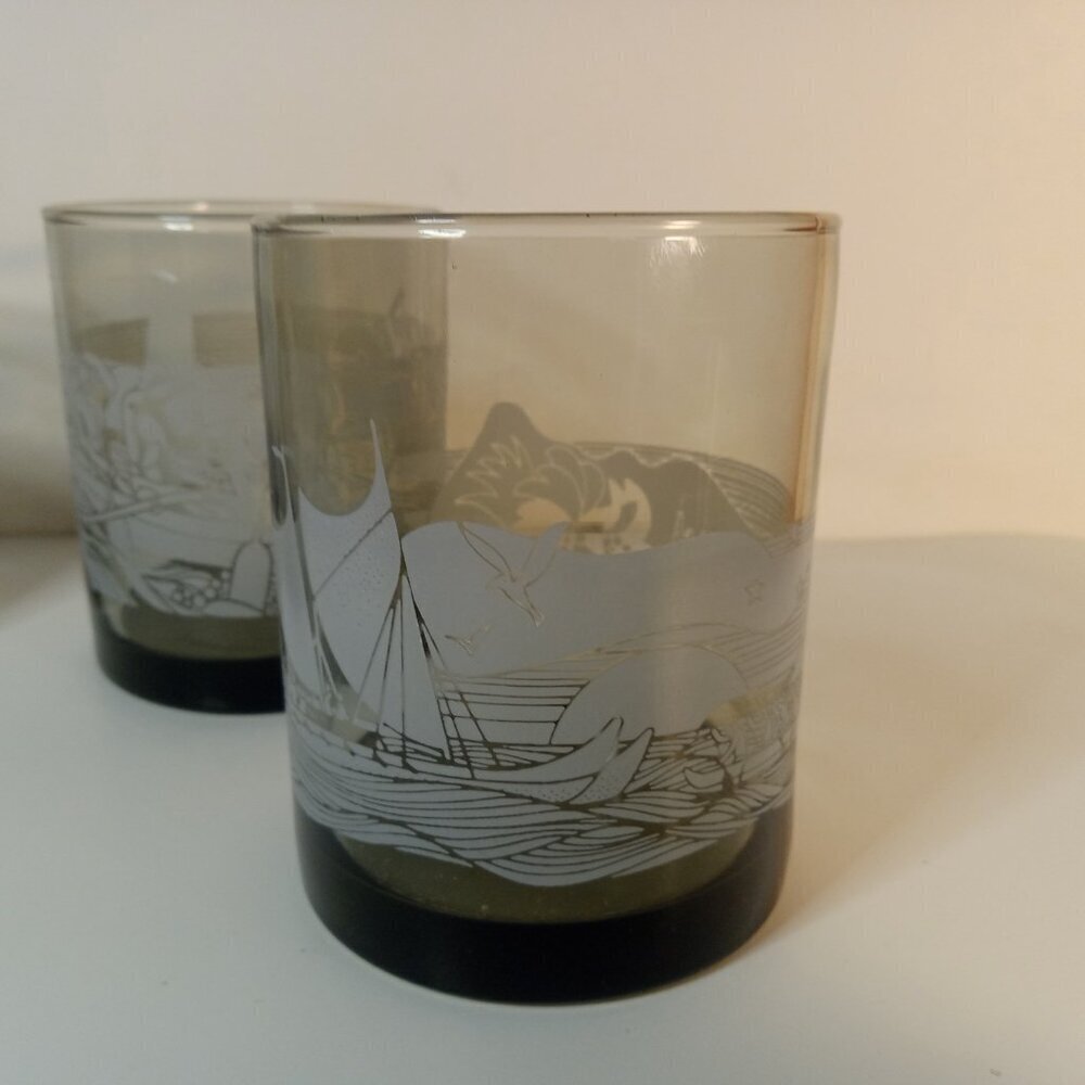 SET OF 3 McDonald's Hawaii High Ball Glasses Smokey Frosted Vintage Libbey - Picture 2 of 5